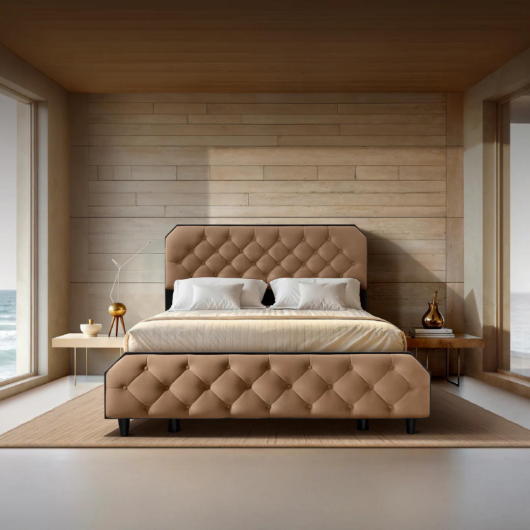 Wave Twin Adjustable Bed with Serene Brown (Tiger's Eye) Upholstered Bed with Quboid 8" (20.3 cm) and 2 Fitted Bedsheets