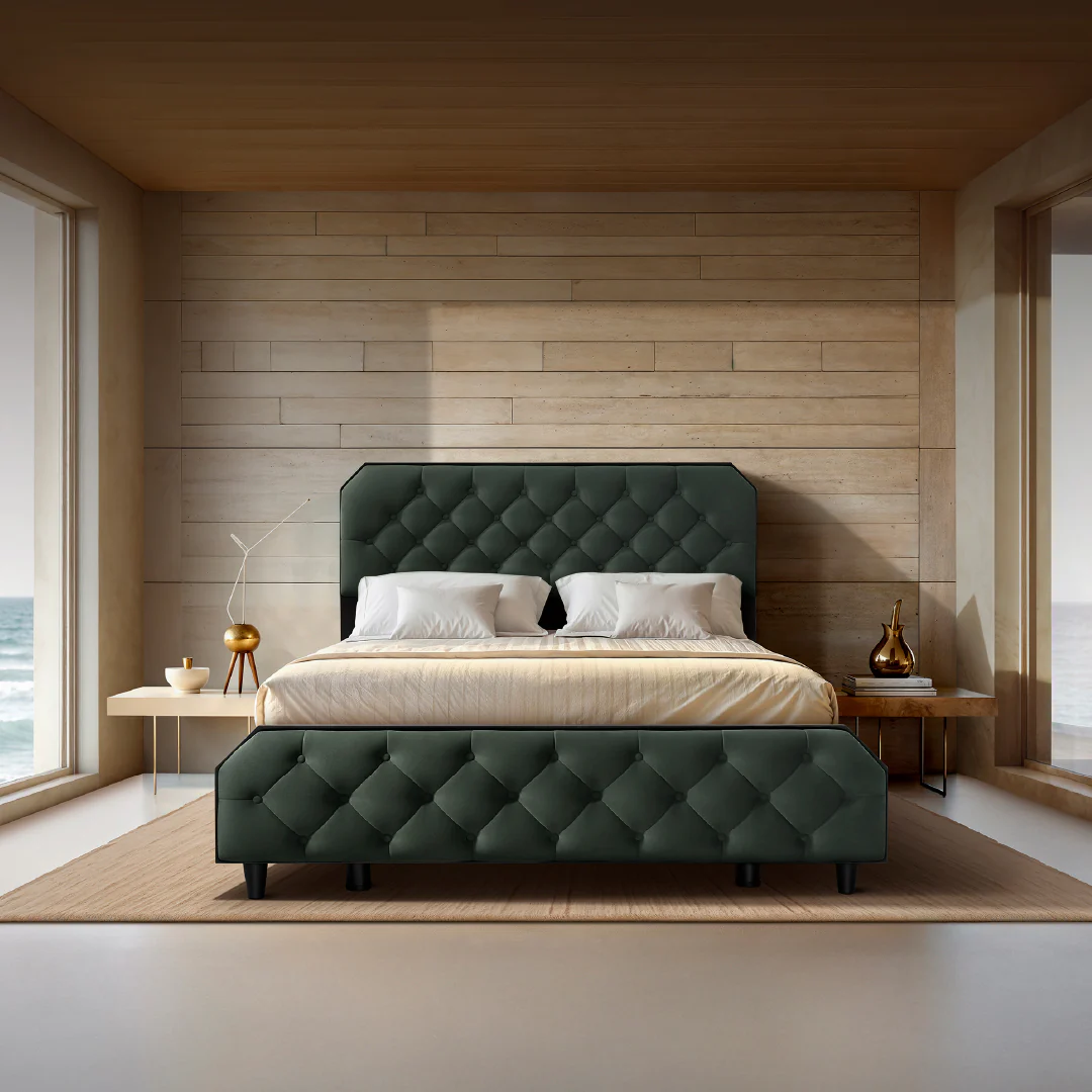 Wave Twin Adjustable Bed with Serene Green (Mountain View) Upholstered Bed with Quboid 8" (20.3 cm) and 2 Fitted Bedsheets