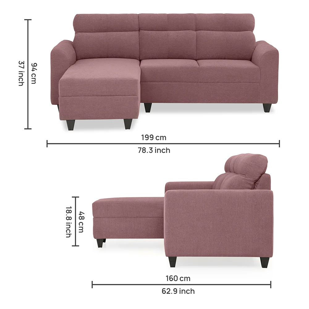 Zivo Plus Dusky Pink Fabric 2 Seater Sofa with Lounger - Image 11